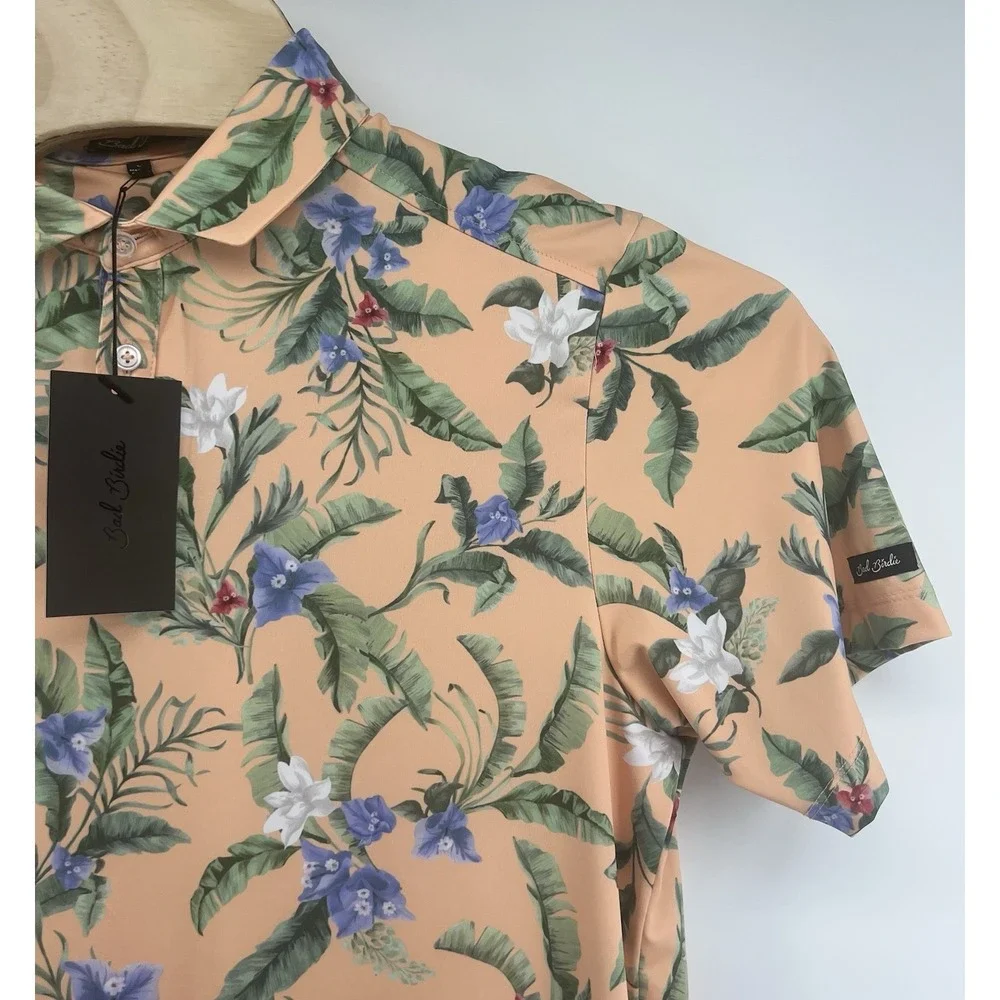 Bad Birdie Core Polo Flora Fiesta Mens Large Peach Floral Performance New - Picture 2 of 4
